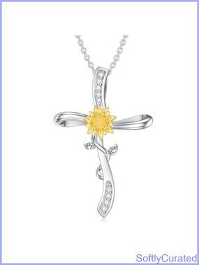 Sterling Silver Diamond Sunflower Cross Pendant Necklace Lab Grown Diamond
